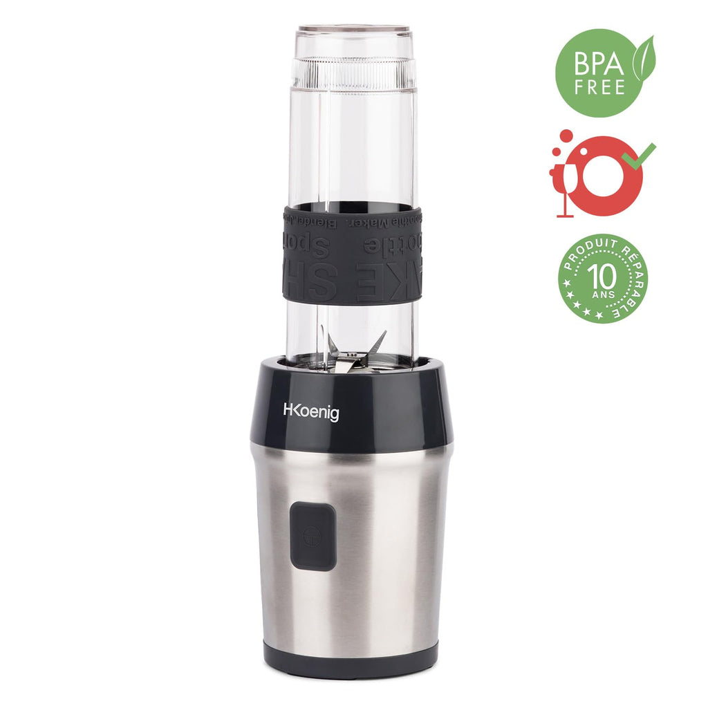 H.Koenig Mini frullatore SMOO9 Smoothie Maker, 570mL, 300W, 4 lame in acciaio inox, senza BPA, 2 bottiglie portatili da viaggio, frullati e frappé, Grigio