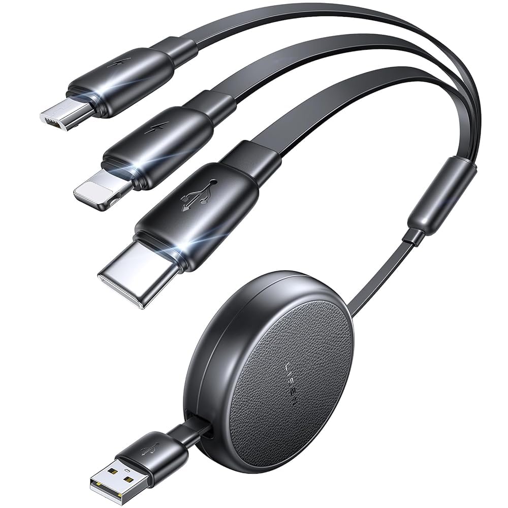 LISEN Multi Charging Cable, 3 in 1 Retractable Charging Cable, Retractable Car Charger with Type C/L/Micro USB Ports for iPhone 17 16 15 14 Pro/Samsung Galaxy S25/Kindle, Car Accessories for Women