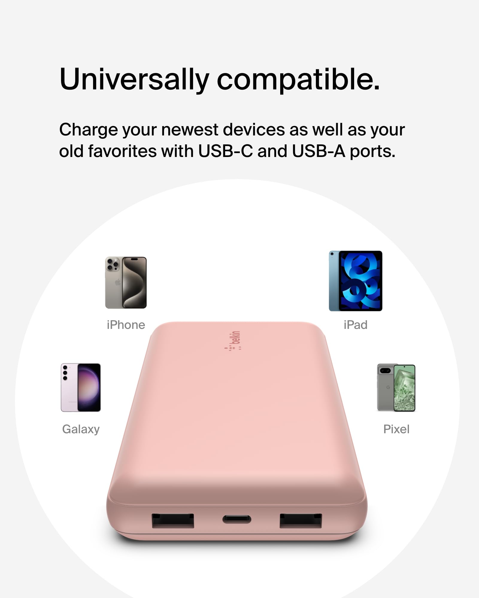 Belkin Portable Charger, USB C Power Bank 20000 mAh w/ 1xUSB-C Port & 2xUSB-A Ports, 15W w/ Type-A to Type-C Cable - iPhone 17, Air, Pro, Pro Max, Samsung Galaxy S25, Google Pixel 10, etc. - Rose Gold