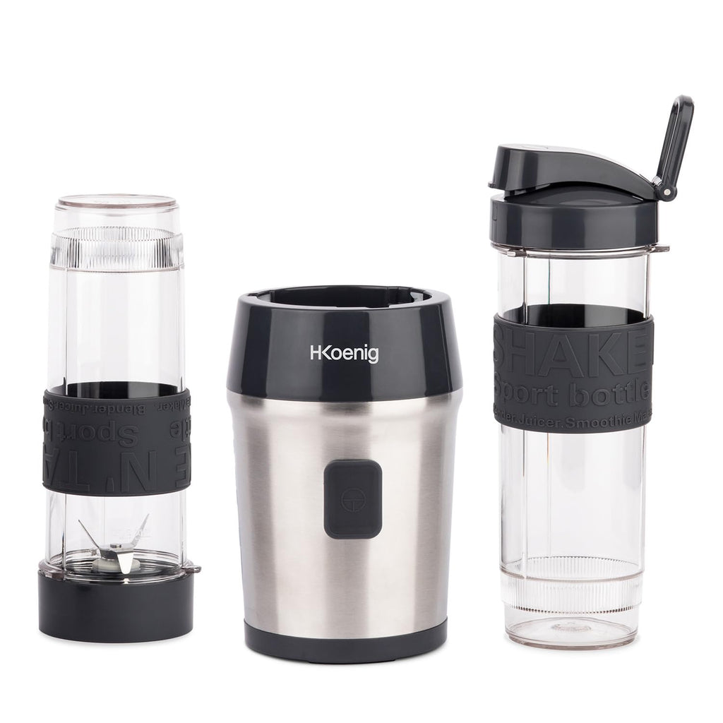 H.Koenig Mini frullatore SMOO9 Smoothie Maker, 570mL, 300W, 4 lame in acciaio inox, senza BPA, 2 bottiglie portatili da viaggio, frullati e frappé, Grigio