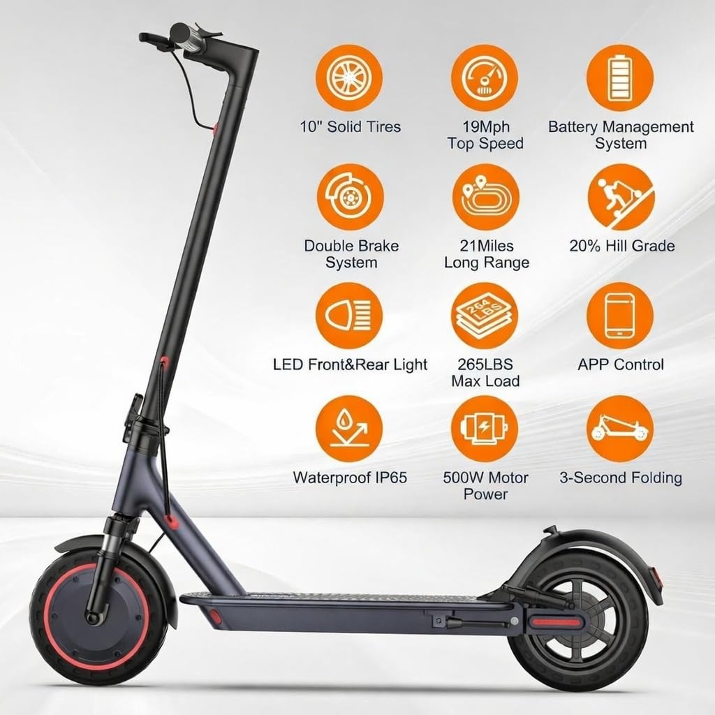 Alloweek A1 Electric Scooter, 10" Anti Flat Solid Tire, 500W Motor, Max 21 Miles Range, 19 Mph Top Speed, Dual Braking Sport Scooter, 2 Wheels, Height Handlebars