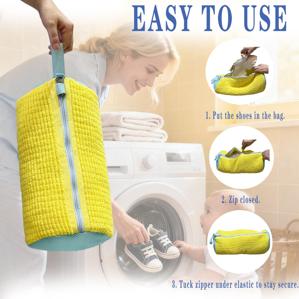 CAIMOREE Shoe Washing Machine Bag, 2pcs Laundry Shoe Bag with Self-locking Zipper for Washer and Dryer, Reusable Sneaker Bag for Gym, Tennis, Sports Shoes, Protects Shoes & Washing Machine (Yellow)