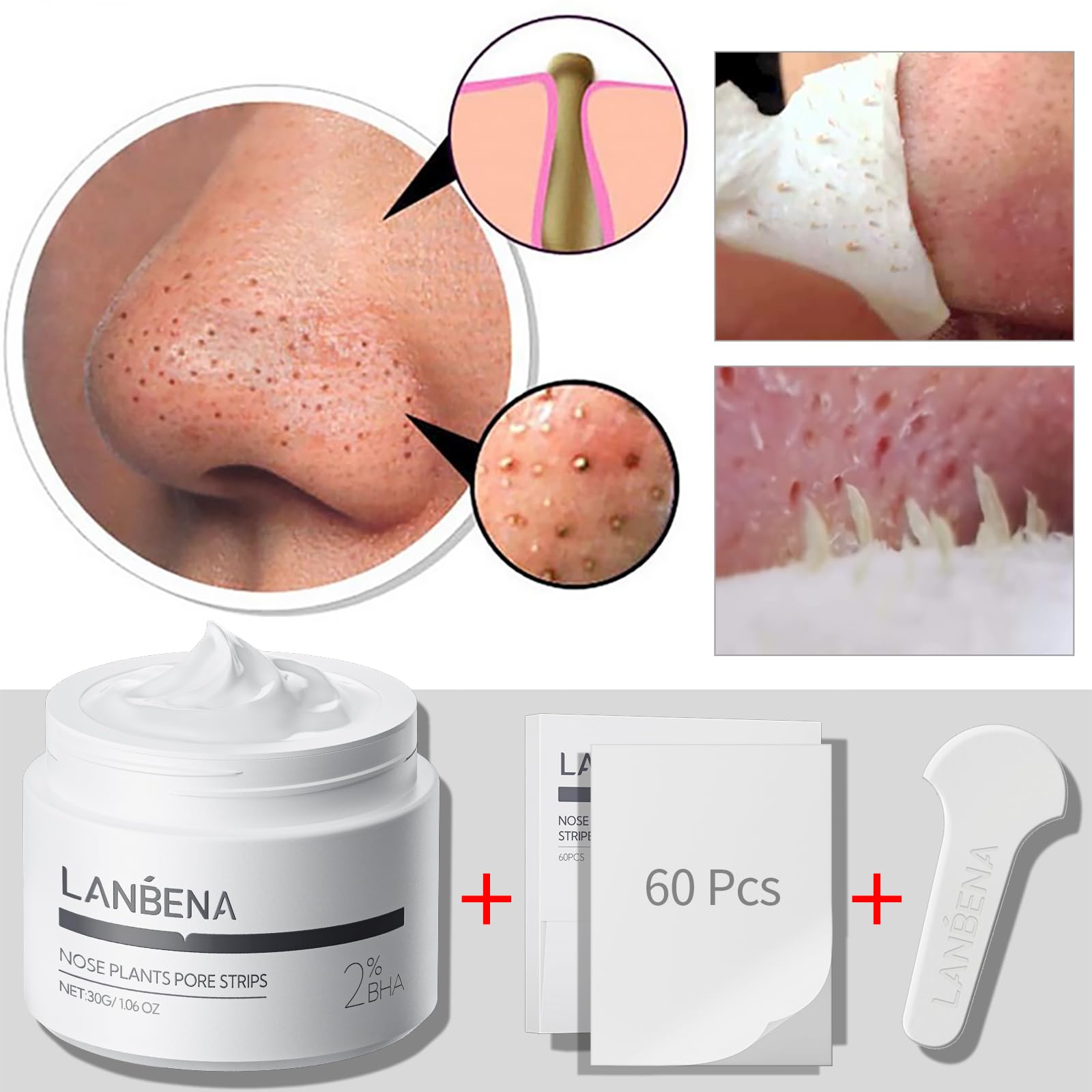 LANBENA Blackhead Remover, Nose Pore Strips for Blackheads, Black Head Remover Mask for Face, 2.0 Upgraded Deep Cleansing Peel off Mask Nose Strips Skincare for All Skin (1.06 Oz/30g+60pcs Strips)