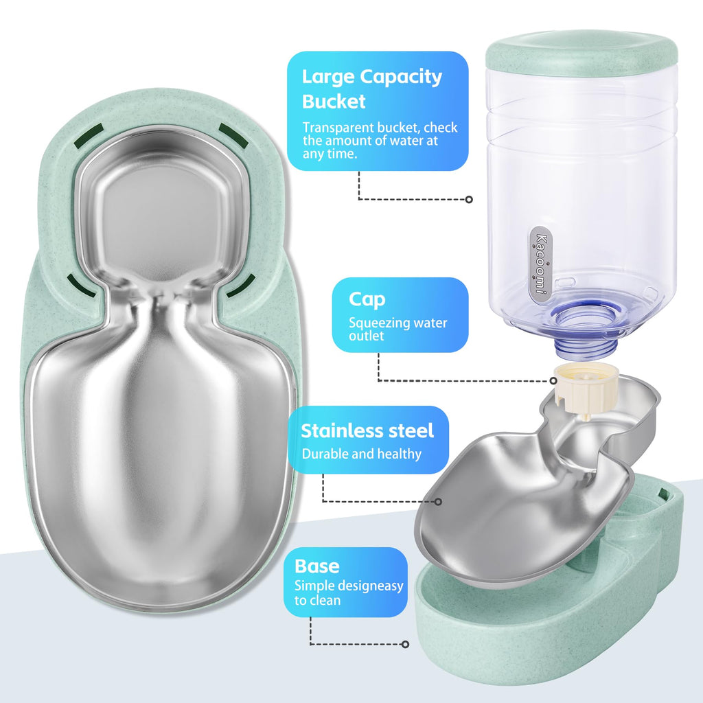 Automatic Cat Feeder and Water Dispenser with Stainless Steel Bowl Gravity Food Feeder and Waterer Set for Small Medium Dog Puppy Kitten 1 Gallon x 2(Green)