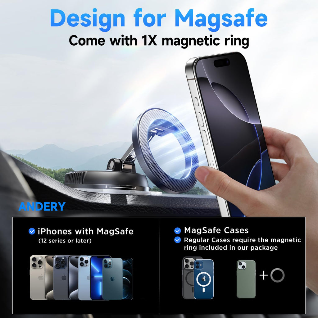 ANDERY Car Phone Holder for Magsafe [78+LBS Strongest Suction & 2400gf Magnetic] 360° Adjustable Car Phone Mount, Phone Holders for Your Car for iPhone 17-12 Pro Max Plus Air, Carbon Fiber