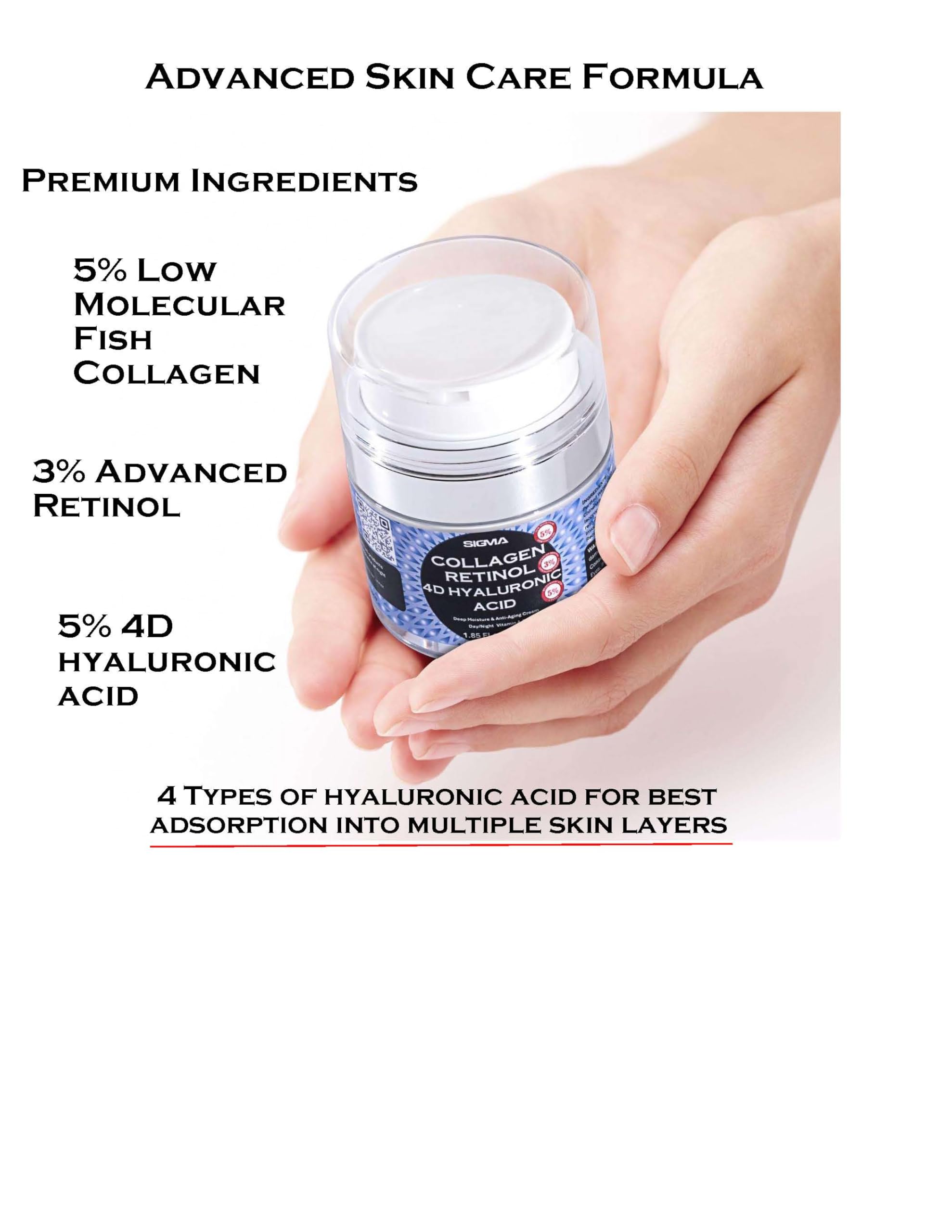 Anti-Aging Face Cream 5% Marine Collagen 3% Retinol 5% Hyaluronic Acid - Wrinkle Firming Moisturizer Face Neck - Professional Strength 1 Finger Cream Dispenser -