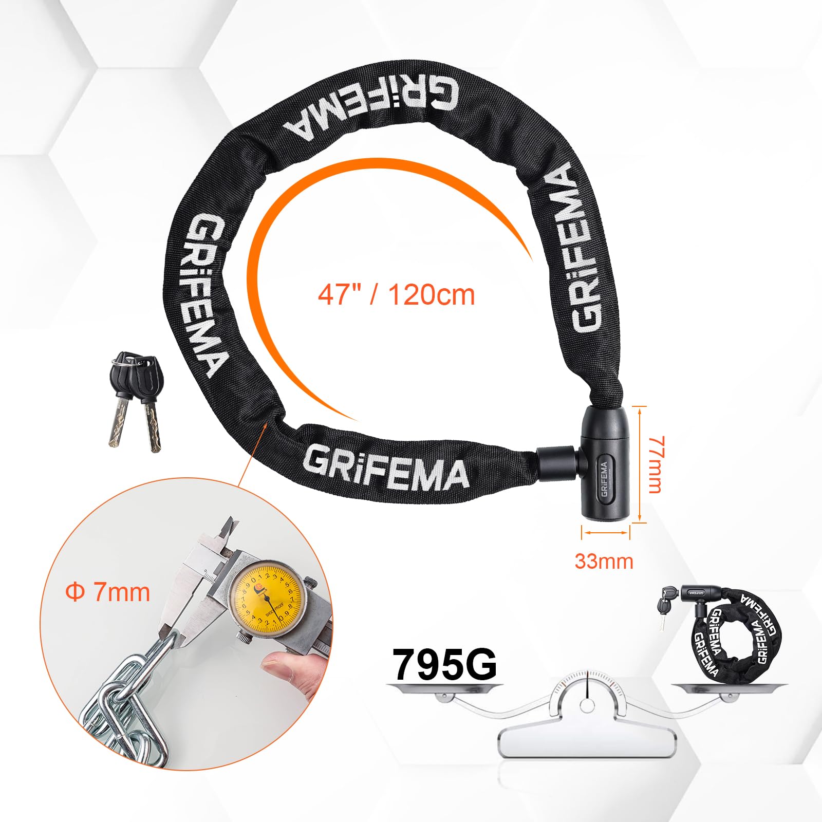 GRIFEMA GA1201-12 Lucchetto antifurto per bicicletta con chiave, lucchetto a catena per biciclette, moto, scooter, 120 cm, nero