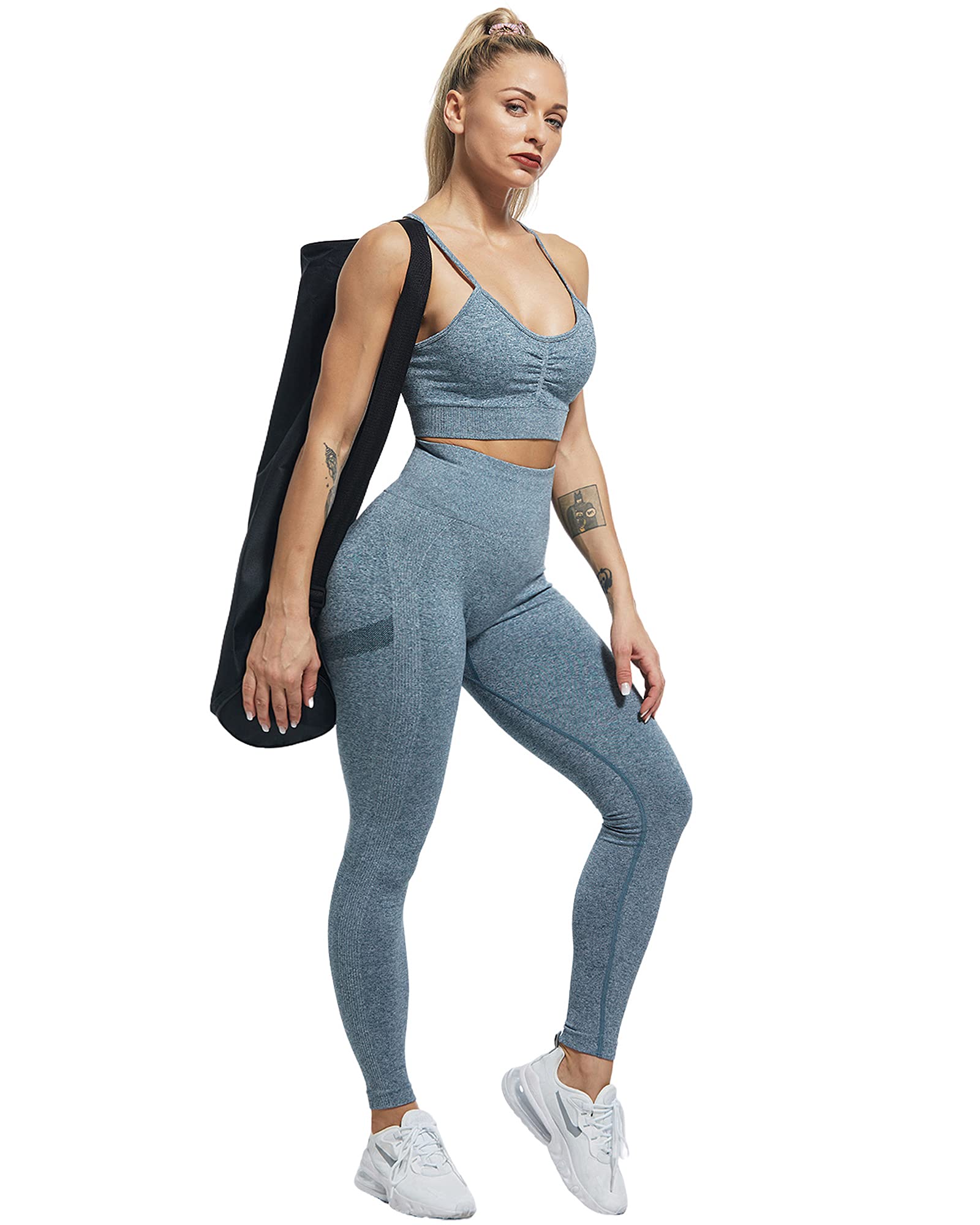 CHRLEISURE Workout Leggings Sets for Women, Gym Scrunch Butt Butt Lifting Seamless Leggings 3 Piece (Black, Gray, Blue, M)-1