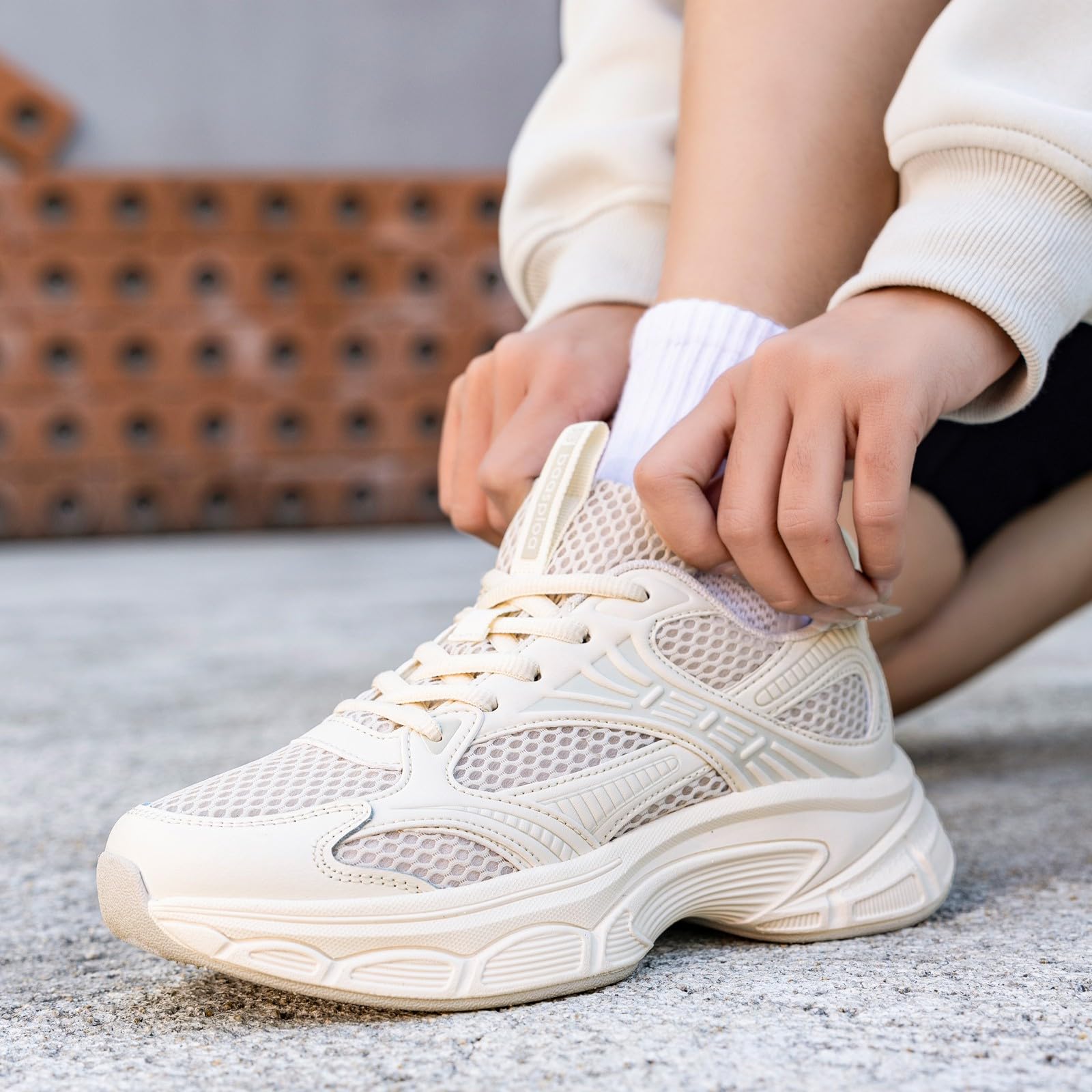 BAASPLOA Women's Fashion Sneakers Chunky Breathable Walking Shoes Casual Mesh Athletic Tennis Shoes with Thick Sole for Women Gym Workout B-Beige