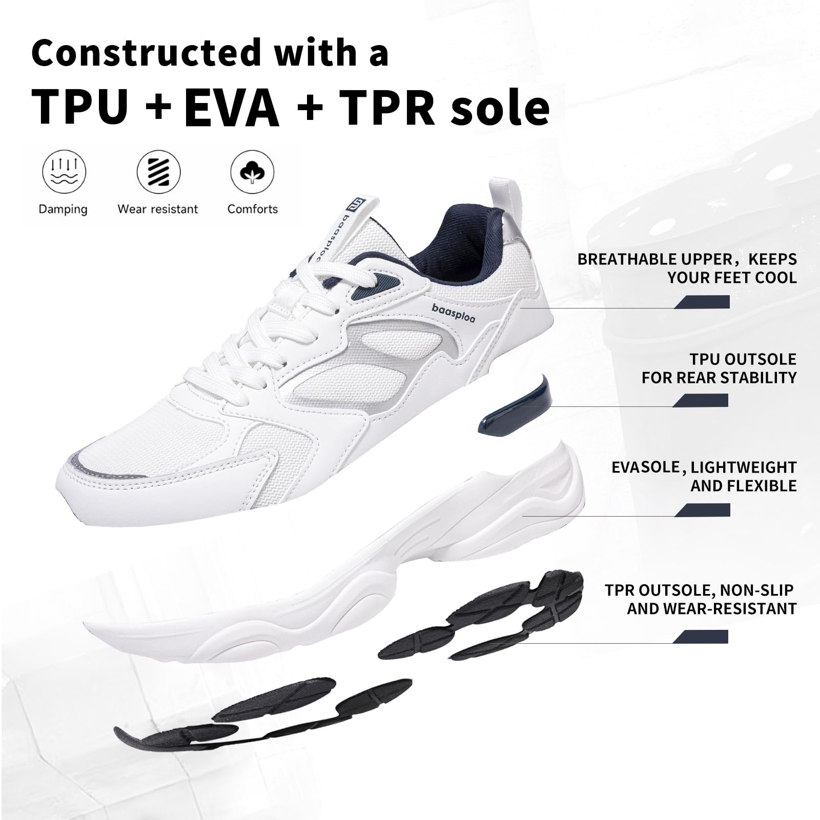 BAASPLOA Women's Casual Fashion Sneakers Lightweight Walking Shoes for Women Workout Gym Sneakers Non Slip Breathable Mesh Tennis Shoes Chunky Retro Dad Shoes White
