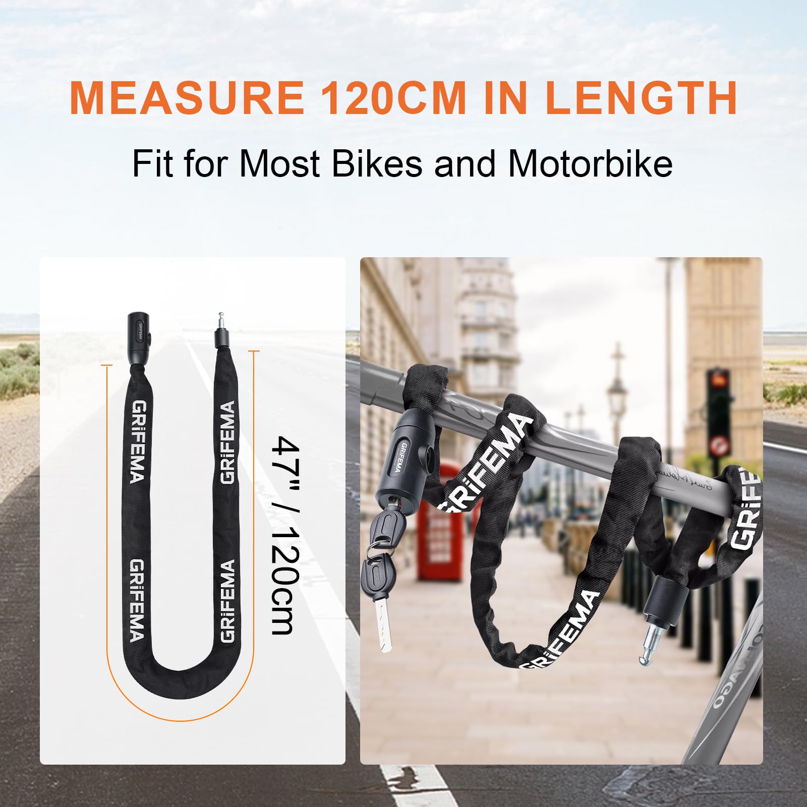 GRIFEMA GA1201-12 Lucchetto antifurto per bicicletta con chiave, lucchetto a catena per biciclette, moto, scooter, 120 cm, nero