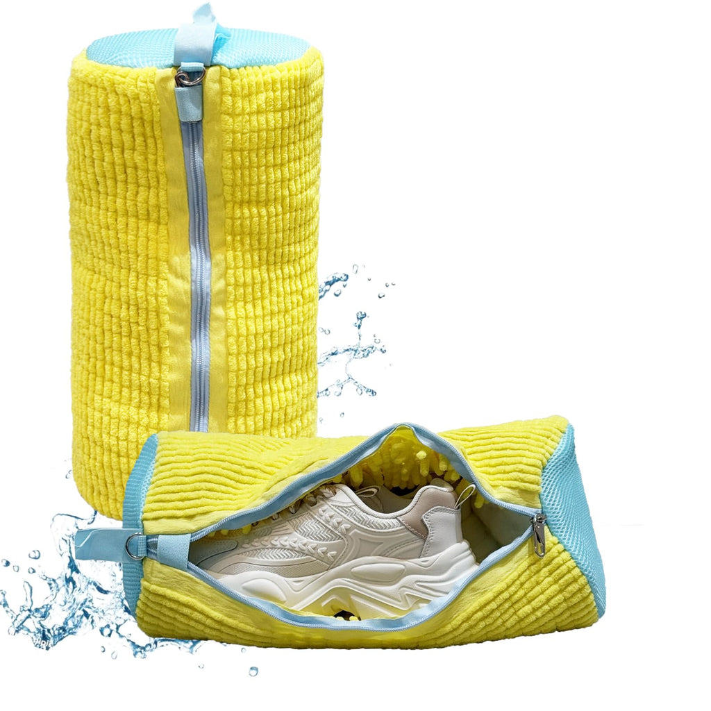 CAIMOREE Shoe Washing Machine Bag, 2pcs Laundry Shoe Bag with Self-locking Zipper for Washer and Dryer, Reusable Sneaker Bag for Gym, Tennis, Sports Shoes, Protects Shoes & Washing Machine (Yellow)