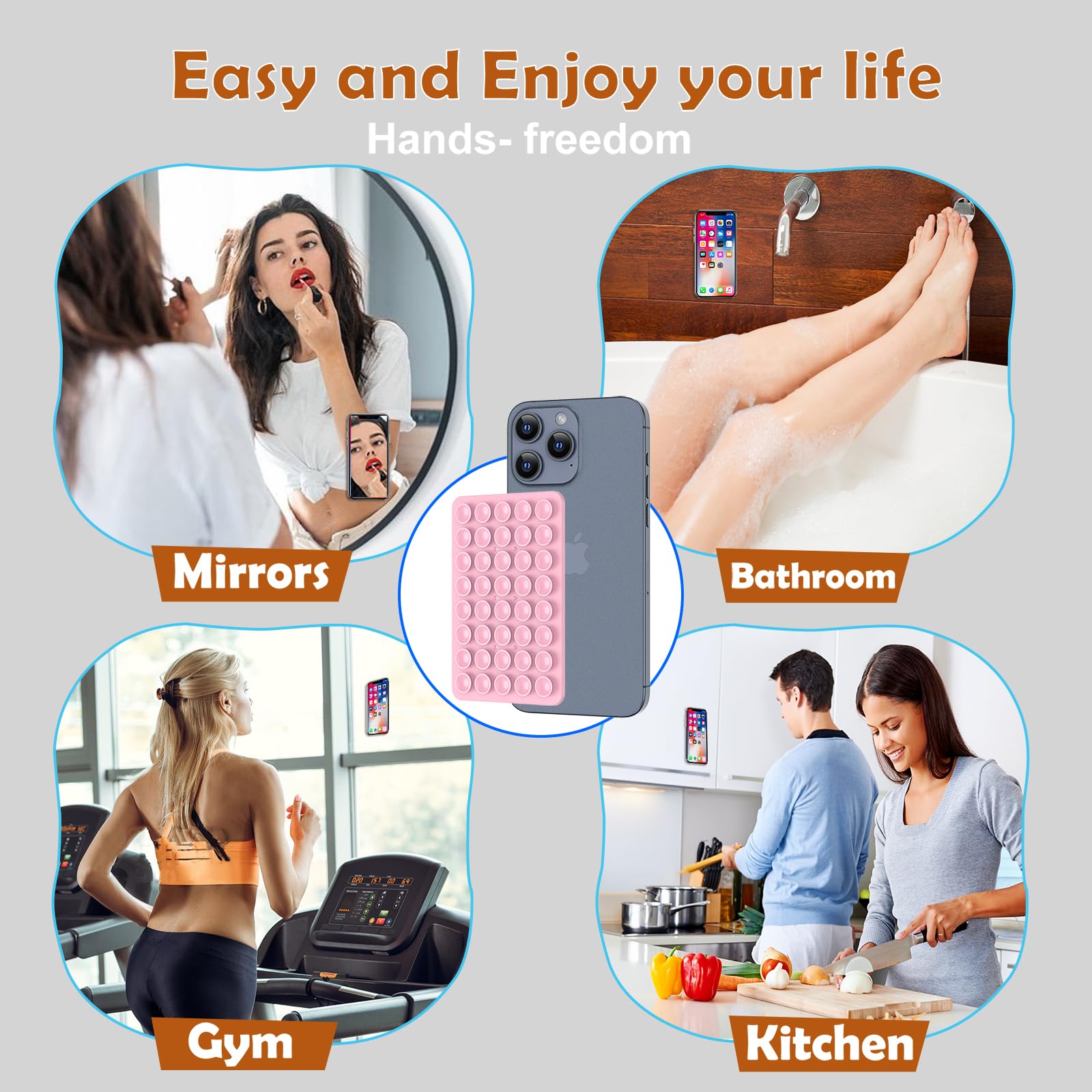 CMZZ Double Sided Silicone Suction Phone Holder Mount, Silicon Accessory for iPhone and Android, Hands-Free Mirror Shower Phone Holder, TikTok Videos and Selfies (Light Pink+Transparent)