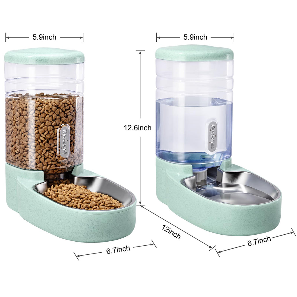 Automatic Cat Feeder and Water Dispenser with Stainless Steel Bowl Gravity Food Feeder and Waterer Set for Small Medium Dog Puppy Kitten 1 Gallon x 2(Green)