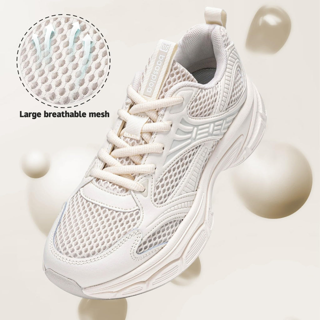 BAASPLOA Women's Fashion Sneakers Chunky Breathable Walking Shoes Casual Mesh Athletic Tennis Shoes with Thick Sole for Women Gym Workout B-Beige