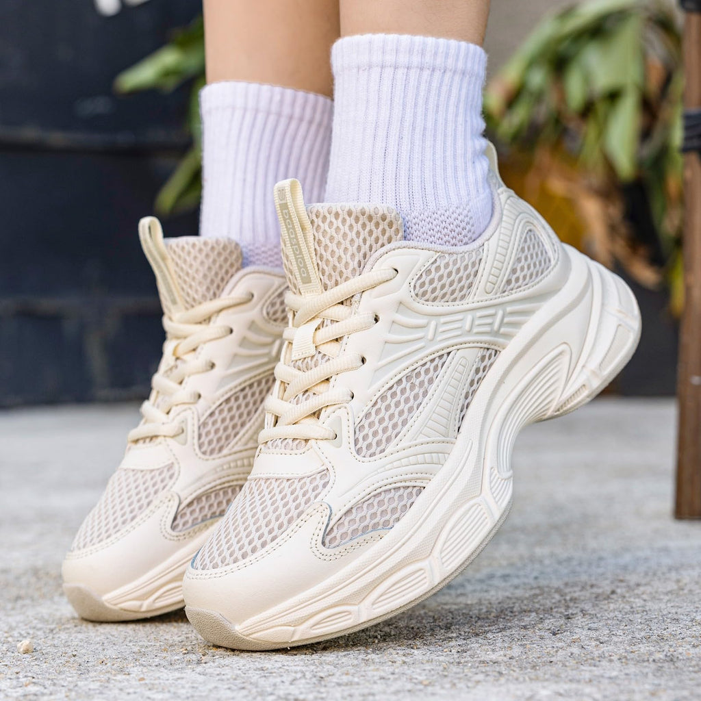 BAASPLOA Women's Fashion Sneakers Chunky Breathable Walking Shoes Casual Mesh Athletic Tennis Shoes with Thick Sole for Women Gym Workout B-Beige
