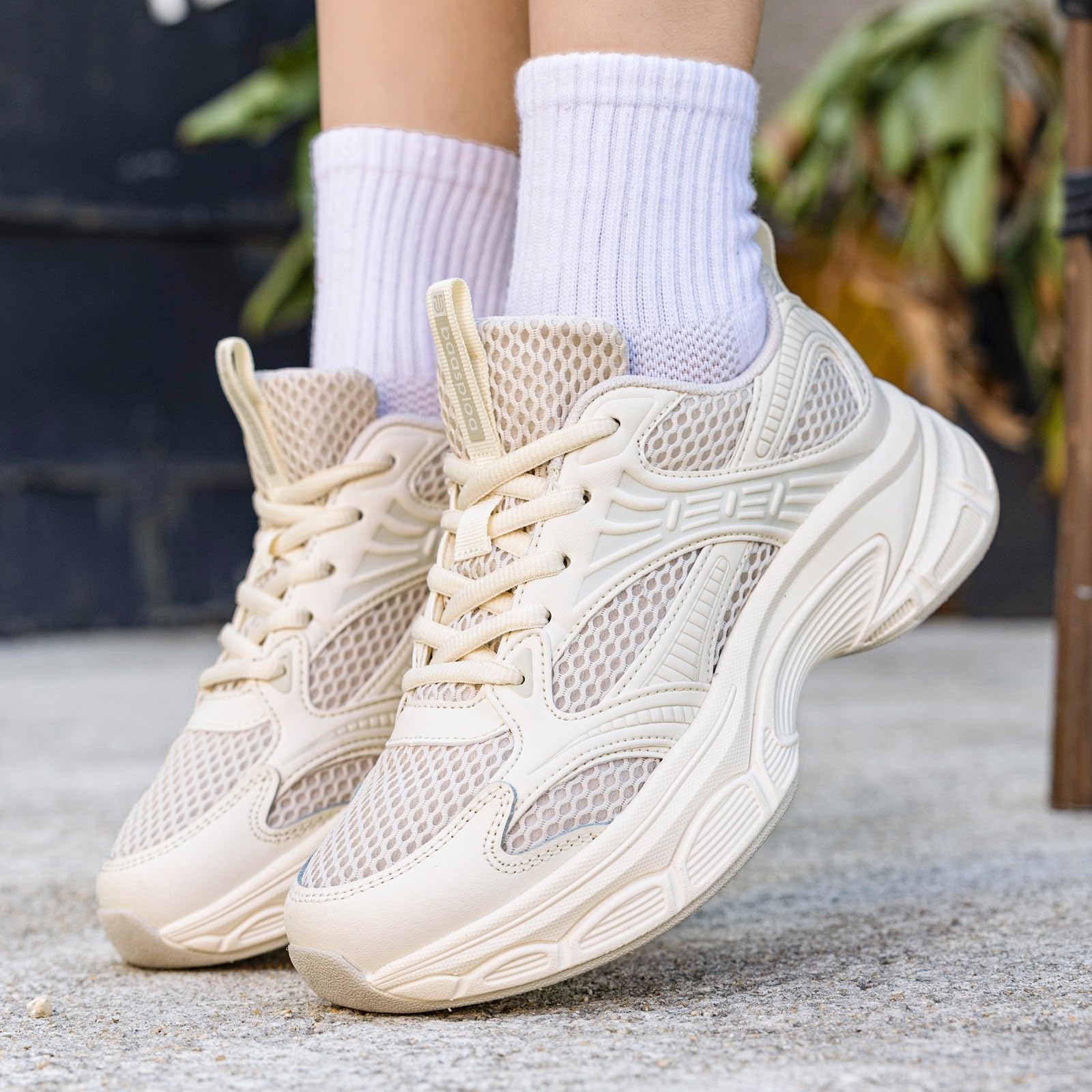 BAASPLOA Women's Fashion Sneakers Chunky Breathable Walking Shoes Casual Mesh Athletic Tennis Shoes with Thick Sole for Women Gym Workout B-Beige