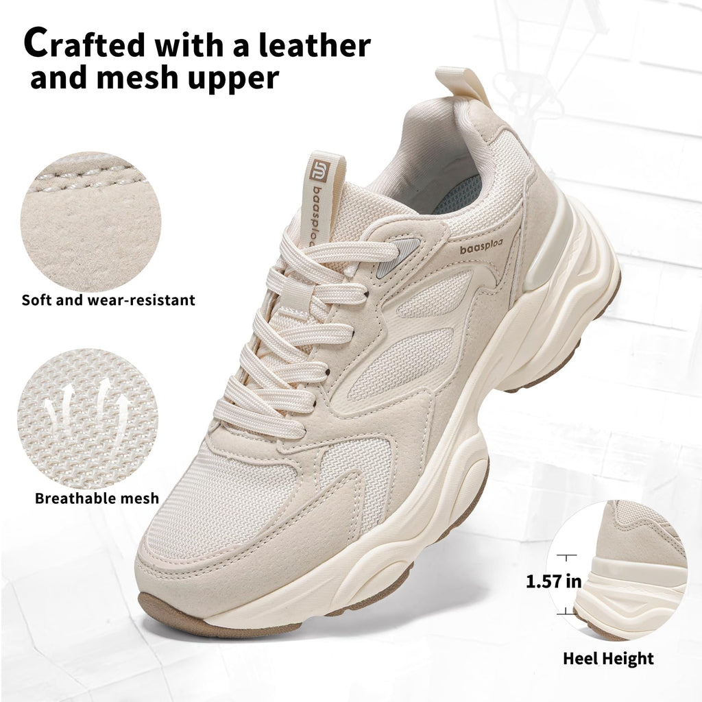 BAASPLOA Women's Casual Fashion Sneakers Lightweight Walking Shoes for Women Workout Gym Sneakers Non Slip Breathable Mesh Tennis Shoes Chunky Retro Dad Shoes Beige