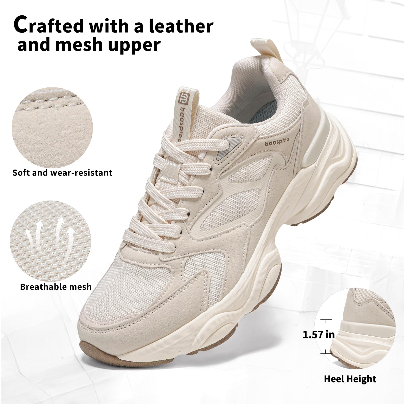 BAASPLOA Women's Casual Fashion Sneakers Lightweight Walking Shoes for Women Workout Gym Sneakers Non Slip Breathable Mesh Tennis Shoes Chunky Retro Dad Shoes Beige