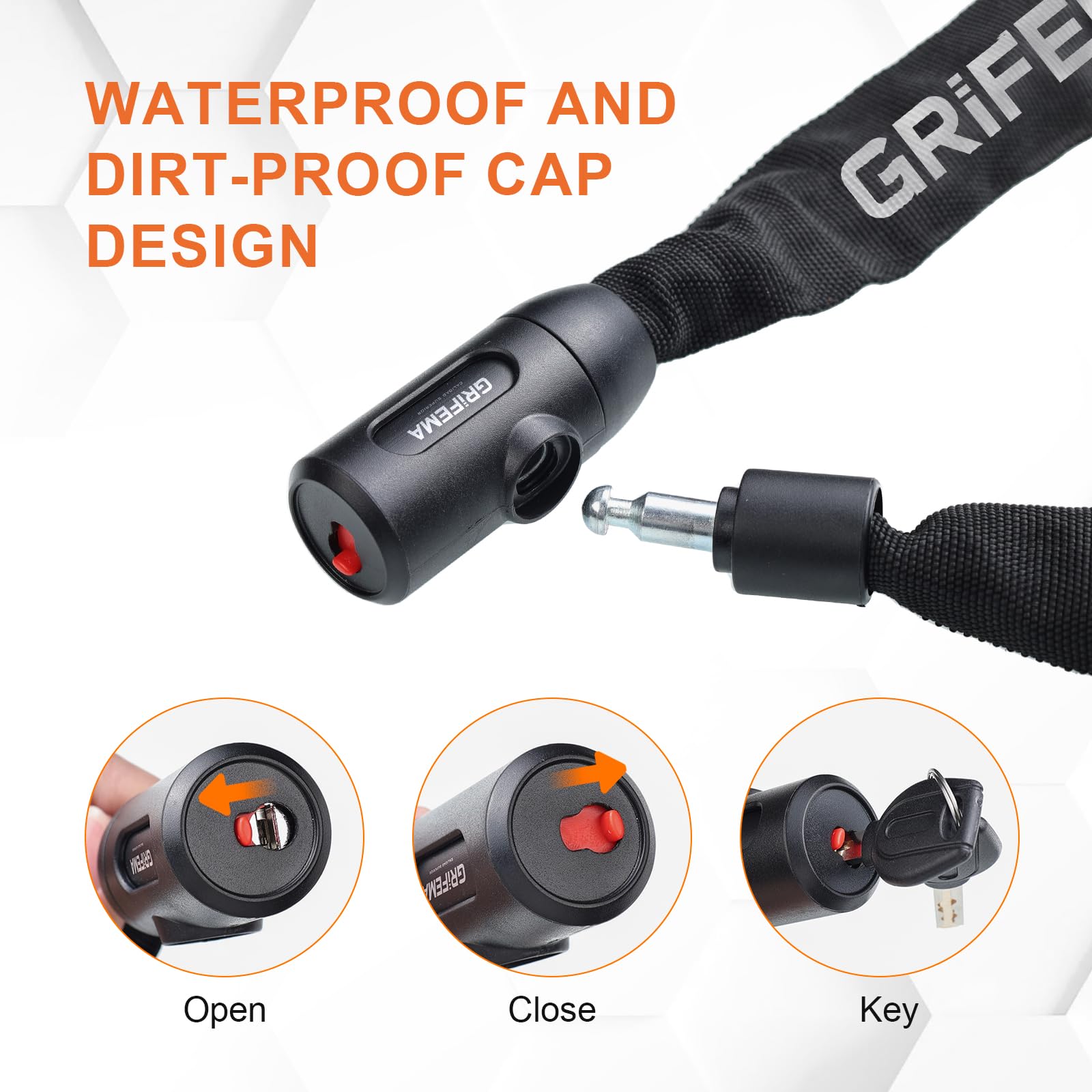 GRIFEMA GA1201-12 Lucchetto antifurto per bicicletta con chiave, lucchetto a catena per biciclette, moto, scooter, 120 cm, nero