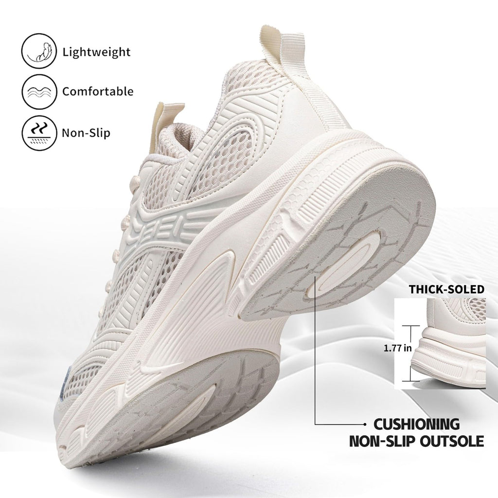BAASPLOA Women's Fashion Sneakers Chunky Breathable Walking Shoes Casual Mesh Athletic Tennis Shoes with Thick Sole for Women Gym Workout B-Beige