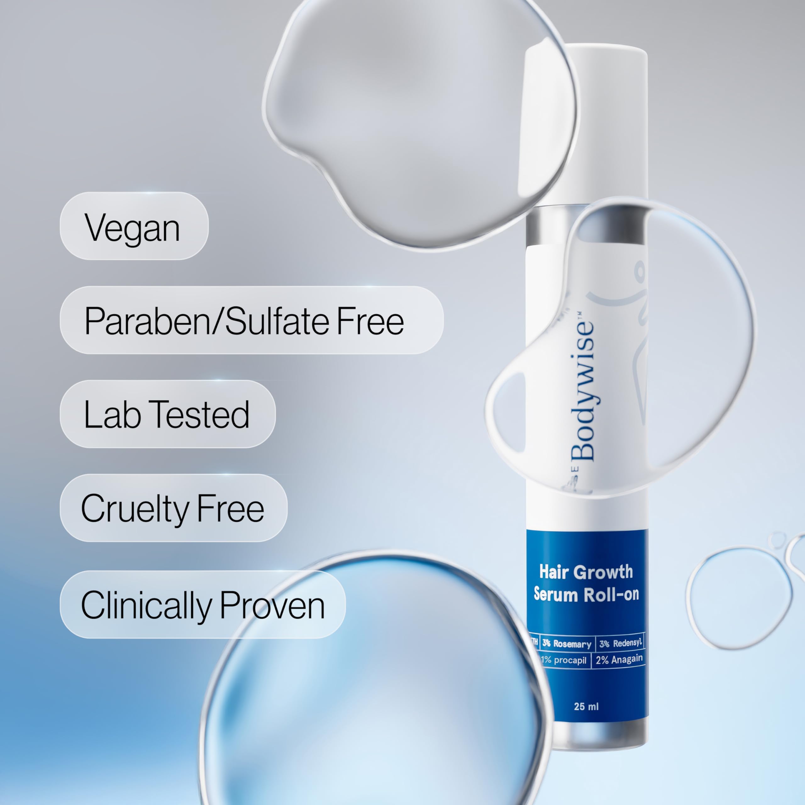Be Bodywise Rosemary Hair Growth Serum Roll On 50 ml – 3% Rosemary, 3% Redensyl & 2% Anagain | DHT-Blocking Scalp Serum Boosts Oxygen Flow, Reduces Hair Fall | Paraben/Sulfate-Free | Women & Men