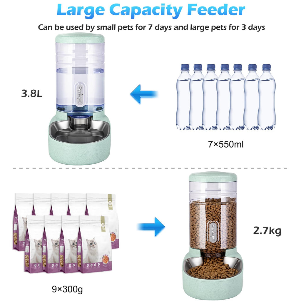 Automatic Cat Feeder and Water Dispenser with Stainless Steel Bowl Gravity Food Feeder and Waterer Set for Small Medium Dog Puppy Kitten 1 Gallon x 2(Green)