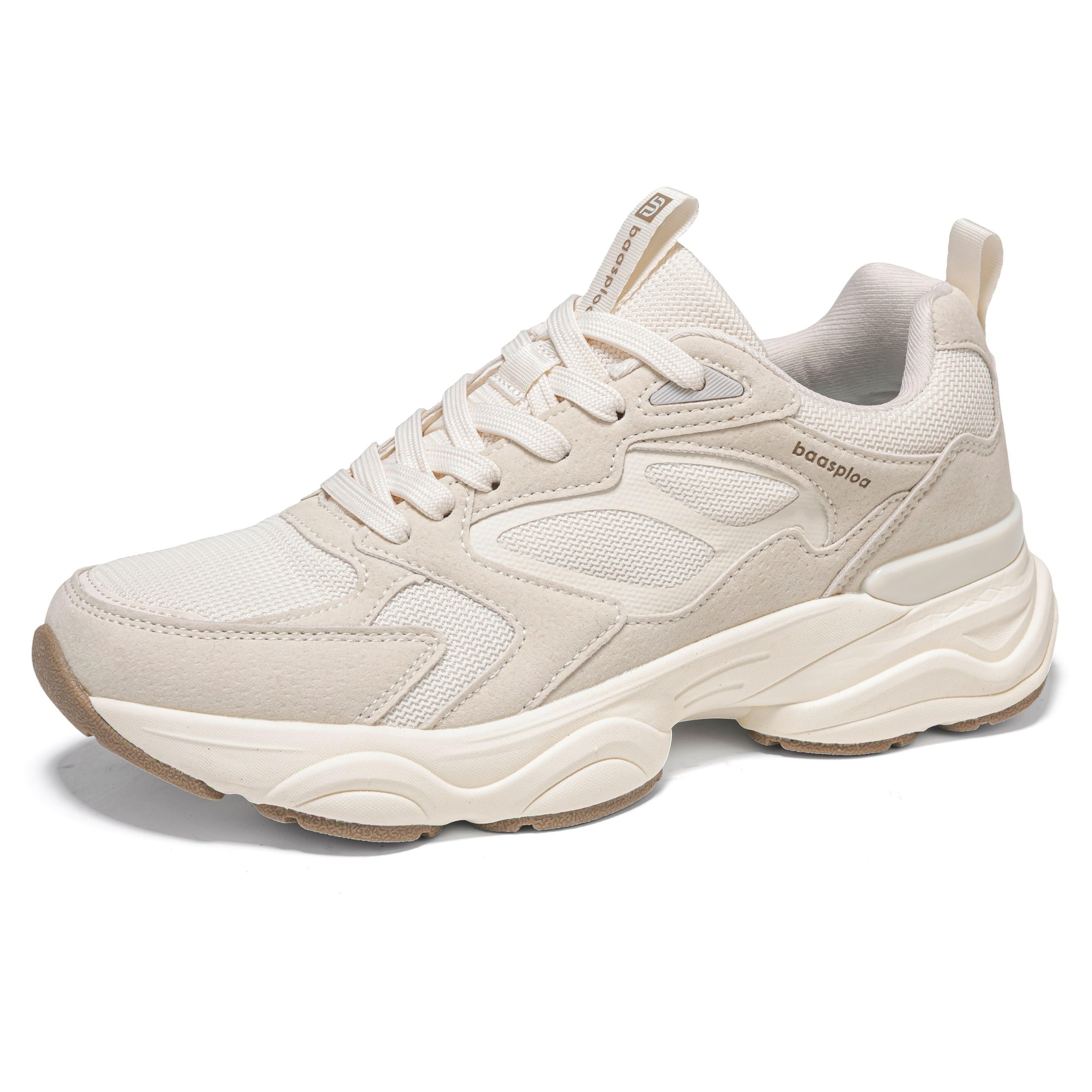 BAASPLOA Women's Casual Fashion Sneakers Lightweight Walking Shoes for Women Workout Gym Sneakers Non Slip Breathable Mesh Tennis Shoes Chunky Retro Dad Shoes Beige