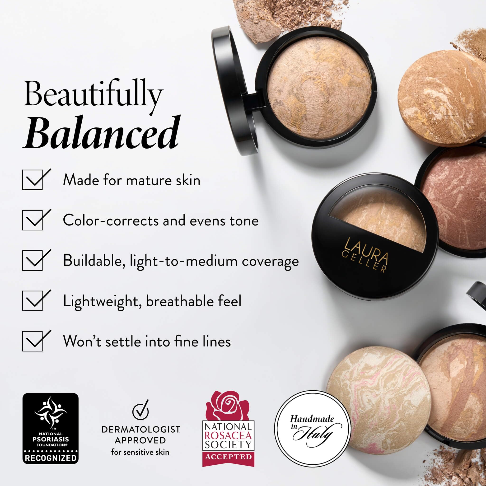 LAURA GELLER NEW YORK Award-Winning Baked Balance-n-Brighten Color Correcting Powder Foundation - Porcelain - Buildable Light to Medium Coverage - Demi-Matte Natural Finish