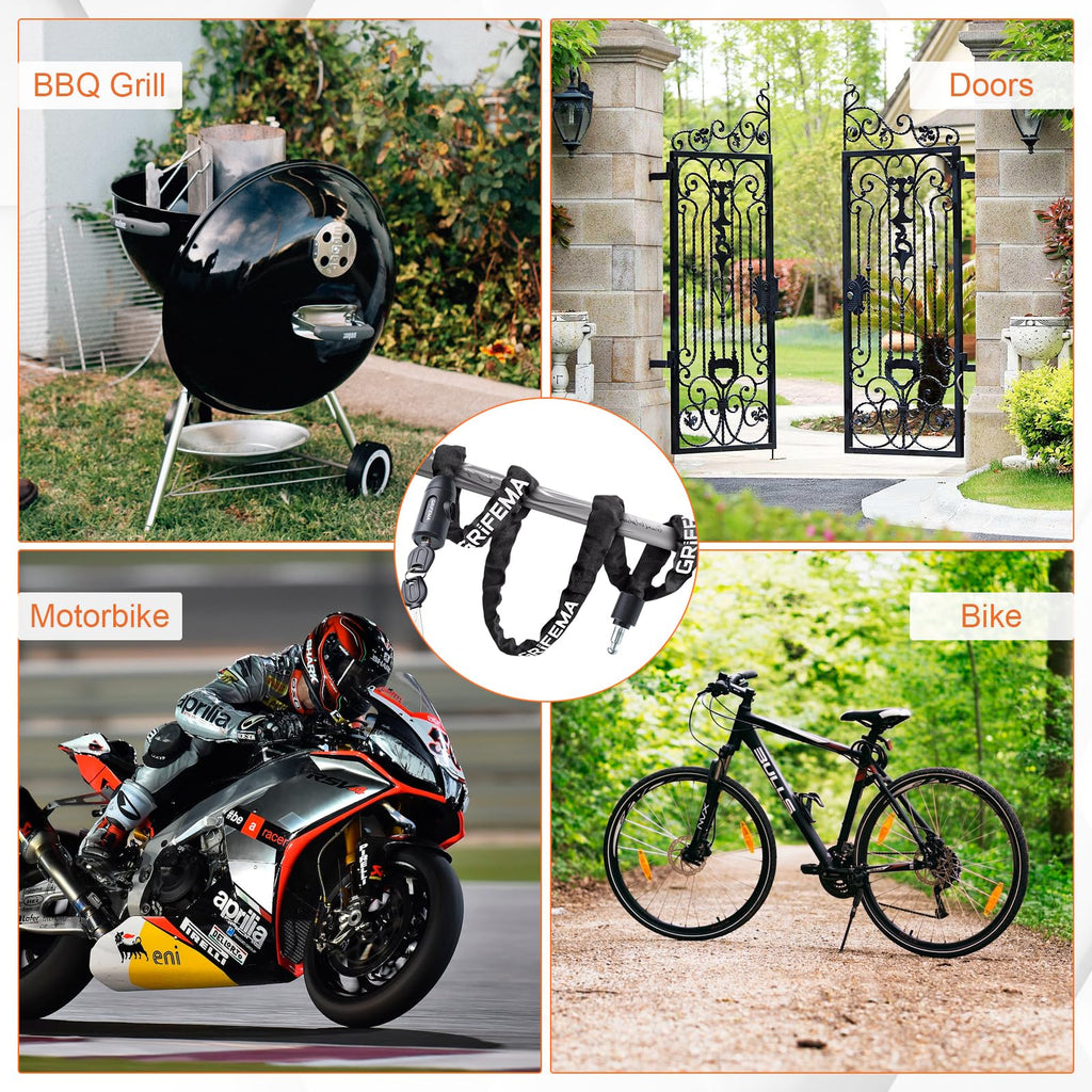 GRIFEMA GA1201-12 Lucchetto antifurto per bicicletta con chiave, lucchetto a catena per biciclette, moto, scooter, 120 cm, nero