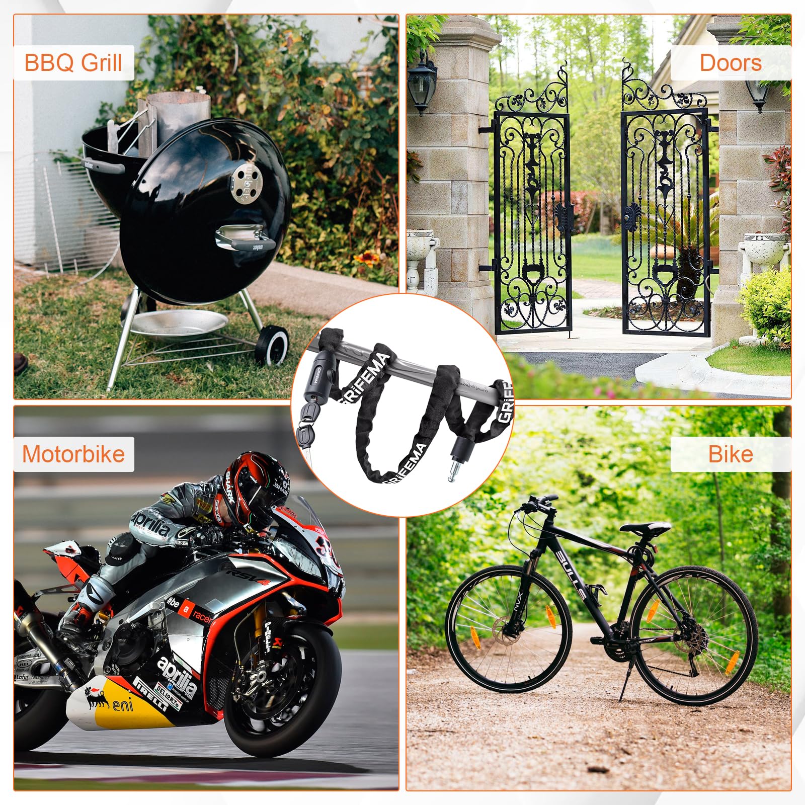 GRIFEMA GA1201-12 Lucchetto antifurto per bicicletta con chiave, lucchetto a catena per biciclette, moto, scooter, 120 cm, nero