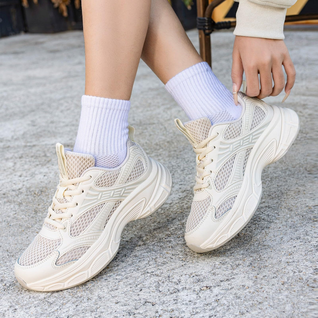 BAASPLOA Women's Fashion Sneakers Chunky Breathable Walking Shoes Casual Mesh Athletic Tennis Shoes with Thick Sole for Women Gym Workout B-Beige